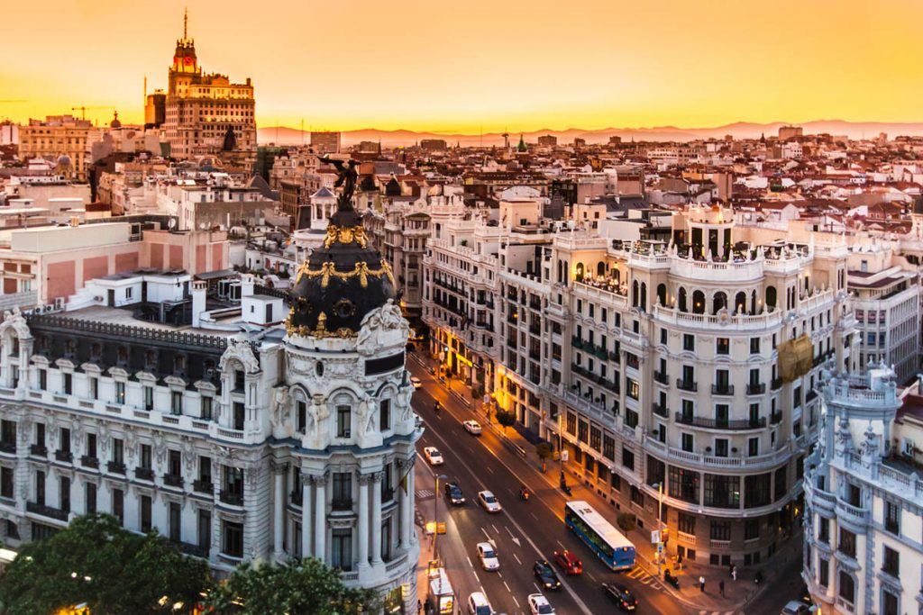 欧洲西班牙首都马德里主要购物街Gran Via全景鸟瞰图。欧洲西班牙首都马德里主要购物街Gran Via全景鸟瞰图。