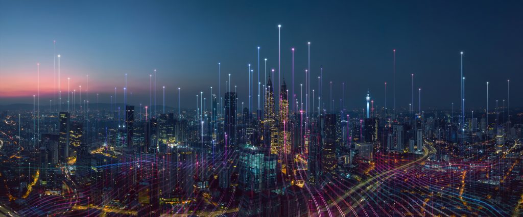 智慧城市与抽象的点点连接，用梯度线与美学的波浪线错综复杂的设计，大数据连接的技术理念。