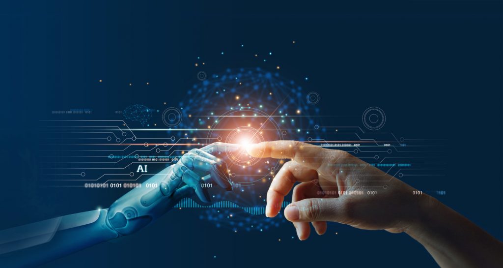 AI，机器学习，机器人与人类之手触摸大数据网络连接背景，科学与人工智能技术，创新与未来。
